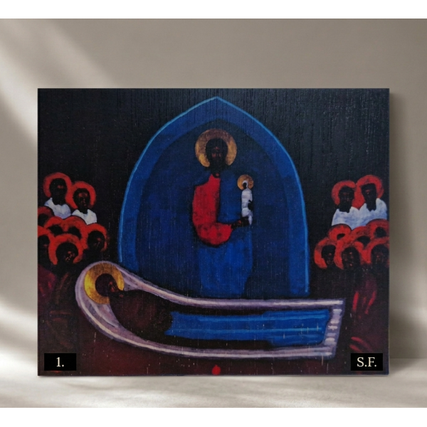 Ikona "Zaśnięcie Bogurodzicy" 18,4 x 15 cm (niebieski tył)