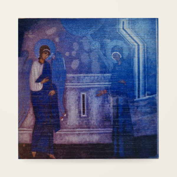 Jerzy Nowosielski – Zwiastowanie 15 × 15 cm na sklejce (niebieski tył)