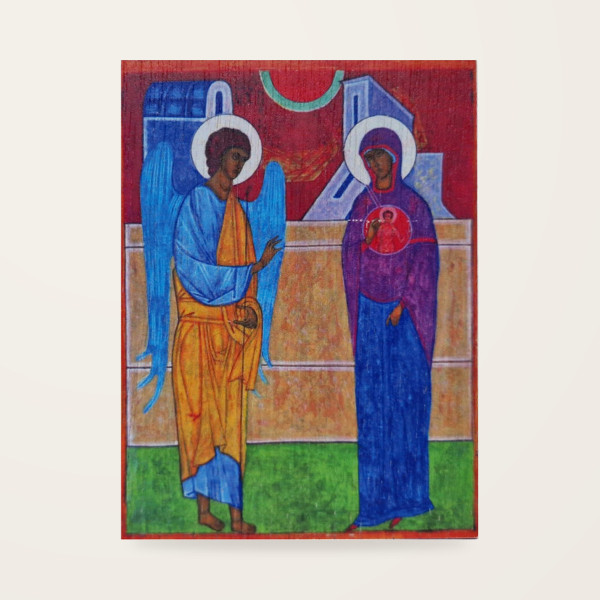 Jerzy Nowosielski – Zwiastowanie 11,8 × 8,7 cm na sklejce (czerwony tył)