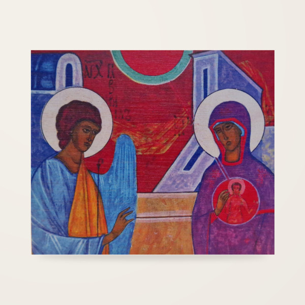 Jerzy Nowosielski – Zwiastowanie – detal 17,7 × 15 cm na sklejce (czerwony tył)