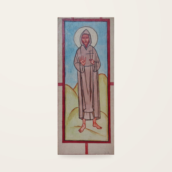 Jerzy Nowosielski – Święty Franciszek 8,6 × 20,8 cm na sklejce (czerwony tył)