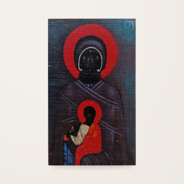 Jerzy Nowosielski – Matka Boża z Dzieciątkiem 7,7 × 12,8 cm na sklejce (czerwony tył)