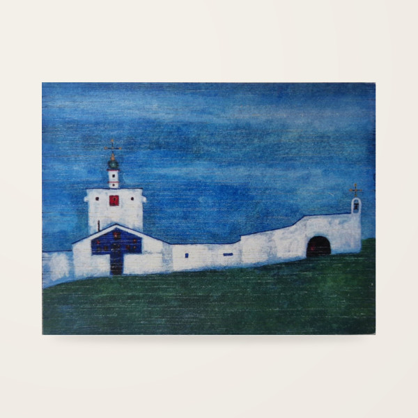 Jerzy Nowosielski – Grabarka – projekt cerkwi 12,8 × 10 cm na sklejce (granatowy tył)
