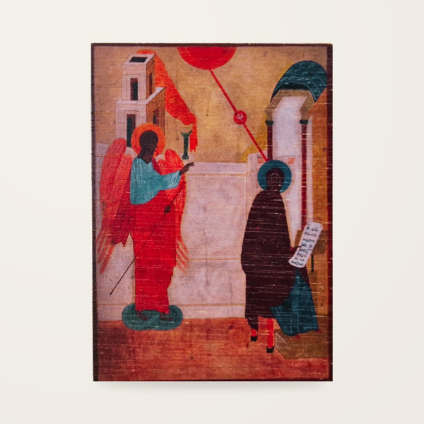 Jerzy Nowosielski – Zwiastowanie 12,3 × 8,6 cm na sklejce (brązowy tył)