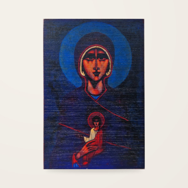 Jerzy Nowosielski – Matka Boża z Dzieciątkiem 8,6 × 12,8 cm na sklejce (granatowy tył)