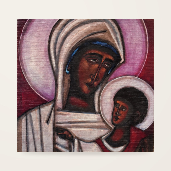 Jerzy Nowosielski – Matka Boża z Dzieciątkiem 9 × 9 cm na sklejce (bordowy tył)