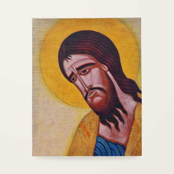 Jerzy Nowosielski – Jan Chrzciciel – detal twarzy 13,2 × 16,5 cm na sklejce (niebieski tył)
