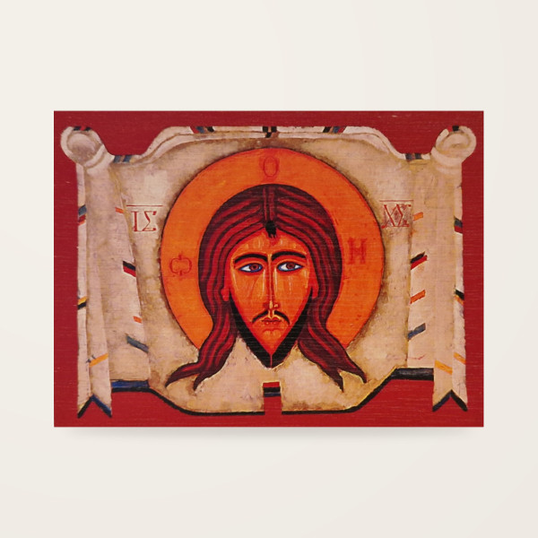 Jerzy Nowosielski – Mandylion – Oblicze Chrystusa 12 × 9 cm na sklejce (czerwony tył)