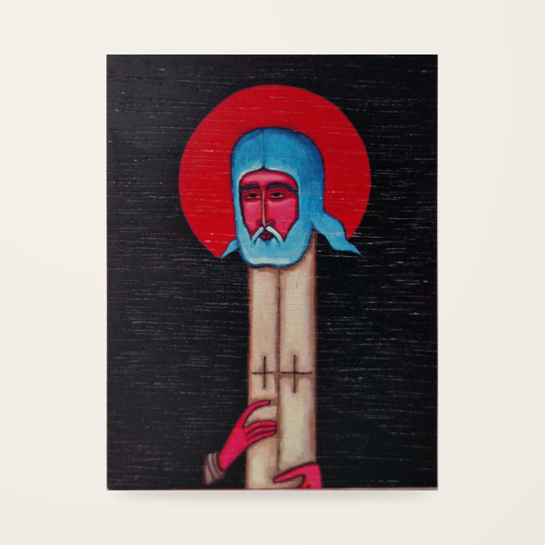 Jerzy Nowosielski – Święty Serafin 12 × 9 cm na sklejce (błękitny tył)